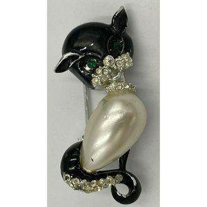 Vintage Enameled Black Cat Brooch w Faux Pearl Body Green Rhinestone Eyes